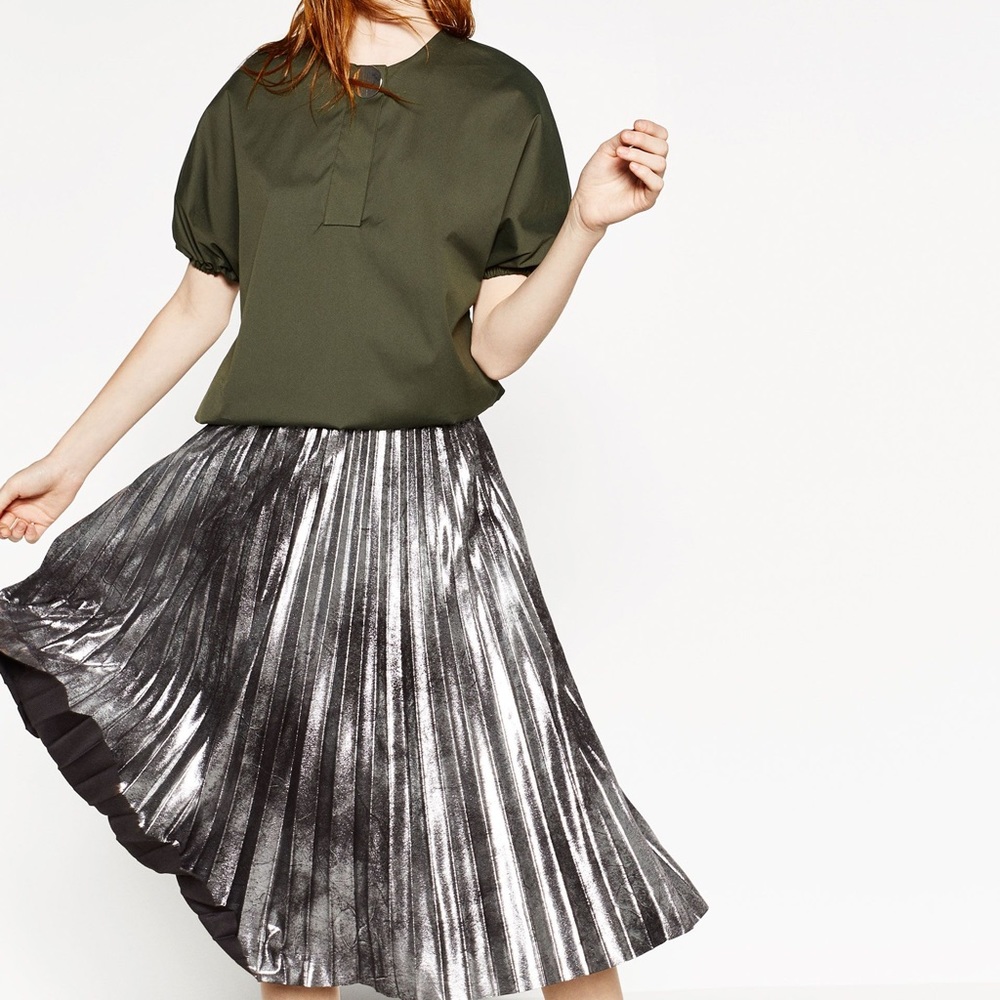Metallic Silver Pleated Midi Skirt